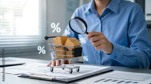 Businesswoman Analyzing ECommerce Sales With Magnifying Glass and Shopping Cart