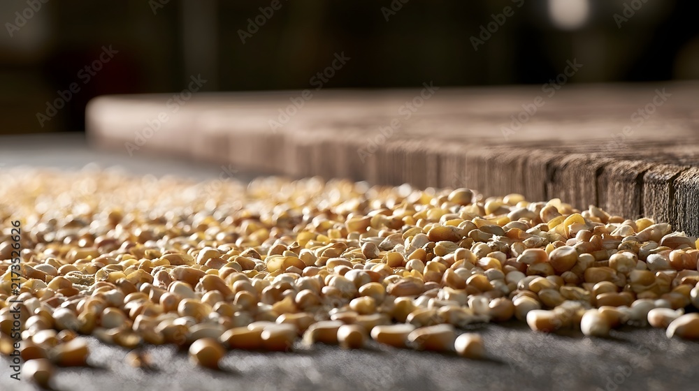 Obraz premium Close up of golden corn kernels scattered on a wooden surface with shallow depth of field and warm lighting