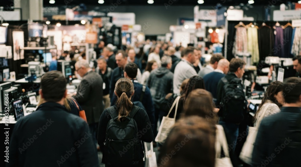 Fototapeta premium Crowd of people walking through a bustling trade show exhibition hall