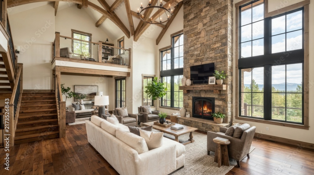 Naklejka premium Modern rustic living room interior with stone fireplace and high vaulted ceiling
