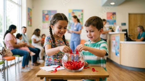 Children picking candy from a bowl in a waiting room.