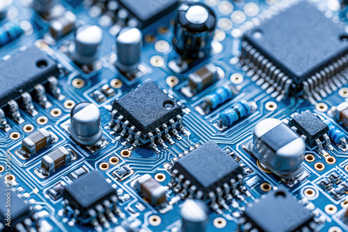 Close up of blue printed circuit board connecting traces and