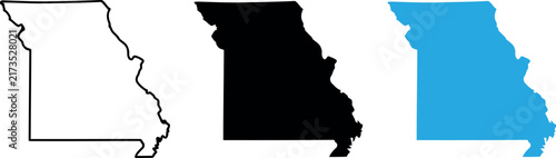 Missouri state outline map vector black white and blue illustration for design.