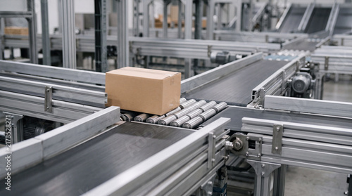 Cardboard package on conveyor belt in modern warehouse logistics and automated distribution center