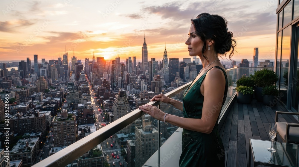 Naklejka premium Elegant woman looking at sunset skyline from penthouse balcony