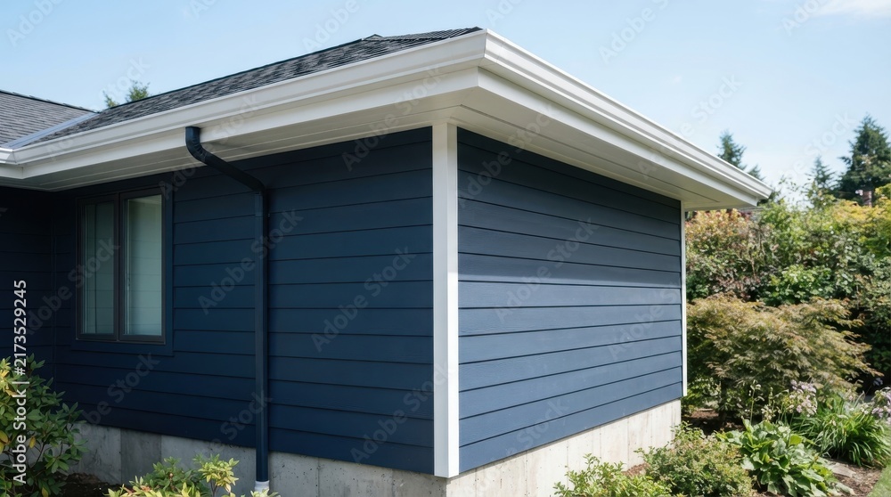 Fototapeta premium Exterior view of modern house with blue siding and white gutters