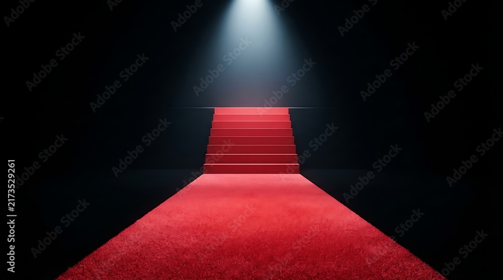 Obraz premium Red carpet staircase leading to a brightly illuminated platform standing inside a dark empty studio space