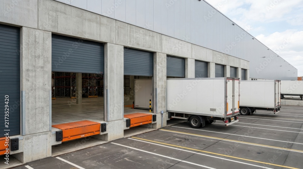Fototapeta premium Loading docks of a modern distribution warehouse with parked trucks