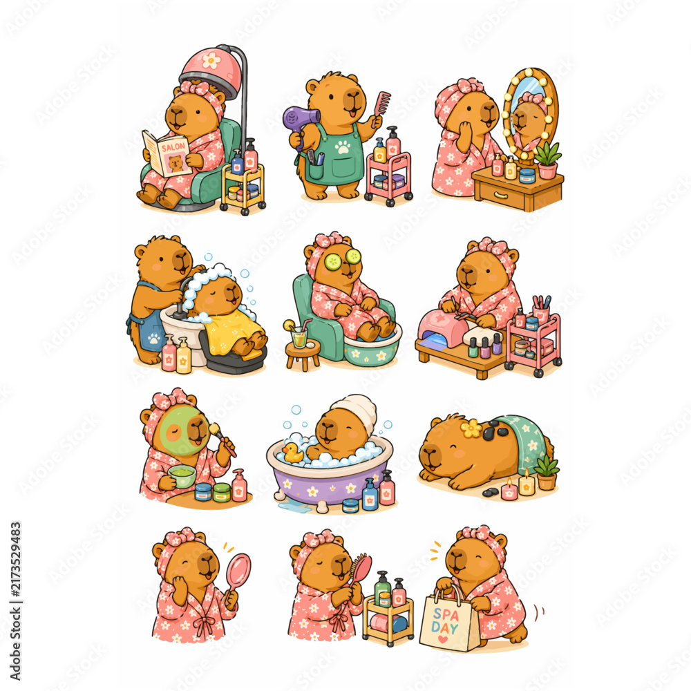 Fototapeta premium Capybara Spa Day Sticker Set with Beauty Salon and Self Care Activities