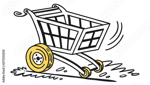 Wheeled Shopping Cart with Yellow Wheel on Ground.