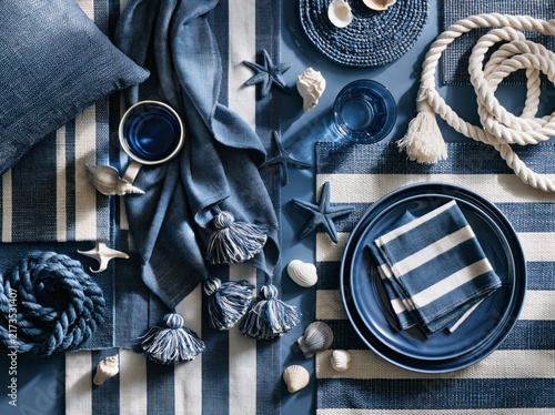 Flat lay of blue and white nautical themed home decor items
