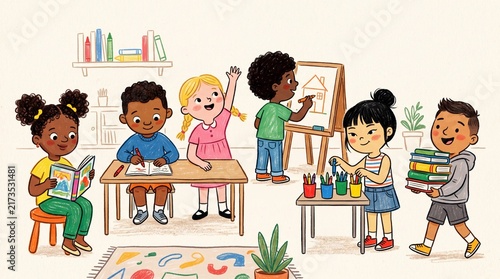Children in Classroom Learning Activities Crayon Illustration