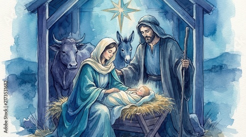 Watercolor nativity scene with holy family and animals
