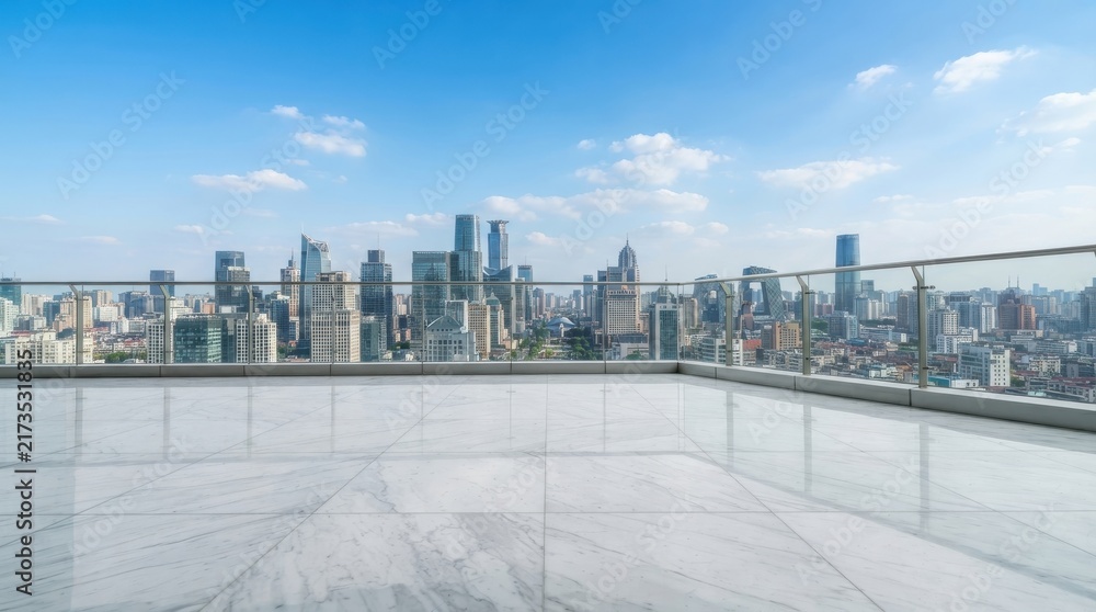Naklejka premium Modern empty balcony with glass railing overlooking city skyline