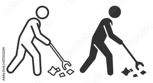 Canvastavla human figure using grabber tool picking up litter garbage icon set on transparen