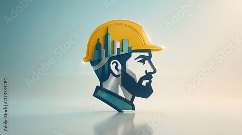 Architectural Visionary: A stylized depiction of a construction worker's profile, with a cityscape integrated into a hard hat, symbolizing innovation and development in the urban landscape.