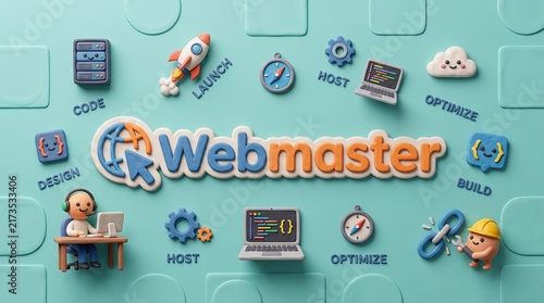 Webmaster Concept Art: A whimsical illustration depicting the core elements of webmastering, featuring a stylized globe cursor, coding icons, cloud computing, and rocket ship.