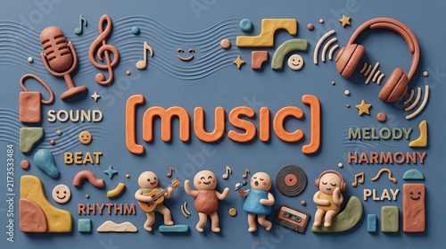 Music Elements Displayed Artistically: A vibrant composition showcasing various musical elements like a microphone, treble clef, musical notes, headphones, vinyl record, and cassette tape.