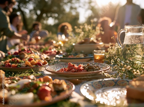 Outdoor feast with people dining at a long table