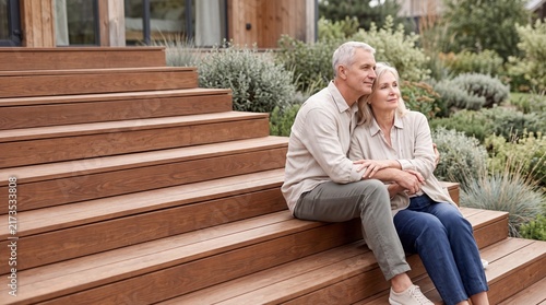 Happy senior couple relaxing together on wooden steps outside their country house in the garden