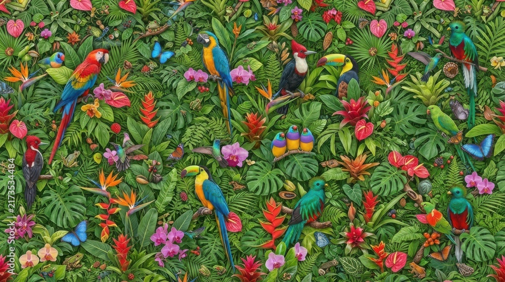 Naklejka premium Tropical jungle with colorful exotic birds and lush foliage
