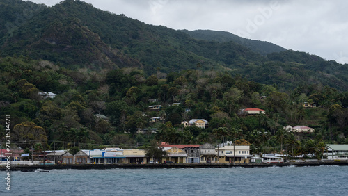 Scenic view of Levuka Town along ocean waterfront on tropical island of Ovalau in Fiji, South Pacific