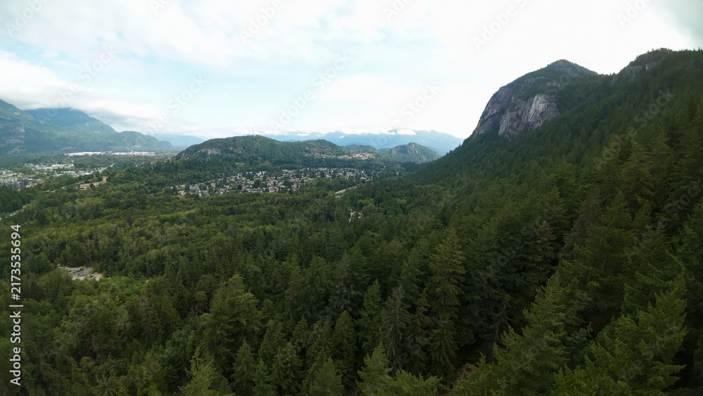 Fototapeta premium An aerial wide shot looks across a dense green pine forest canopy toward a small residential mountain town nestled in a valley by Stawamus Chief mountain under a cloudy sky.