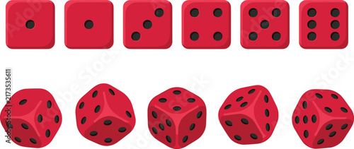 Red Casino Dice Vector Set with Flat 2D Top Down and Realistic 3D Angled Perspectives for Gambling Apps Board Games and Luxury Betting DesignsRed 