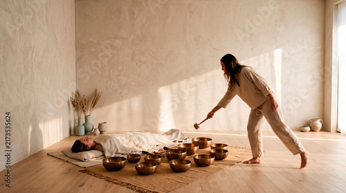 Woman performing sound healing therapy with Tibetan singing bowls for a relaxed client in a warm minimalist studio