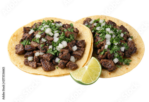 Fotografie Authentic beef street tacos, grilled steak tacos with cilantro and onion, Mexica