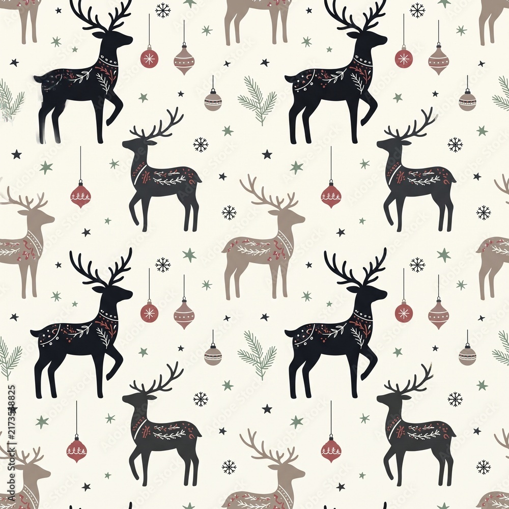 Black reindeer Christmas seamless pattern on white snowflake winter fabric background