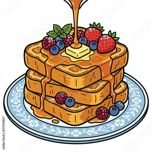 A stack of three golden-brown waffles topped with fresh berries, butter, and drizzled with syrup on a decorative plate.