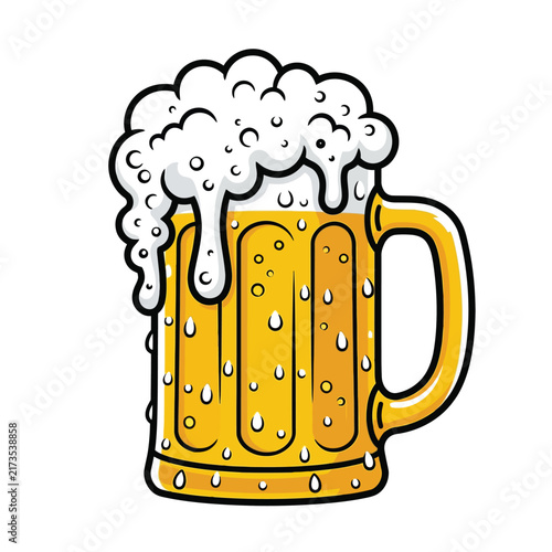 A frothy mug of golden beer with condensation droplets on the glass.