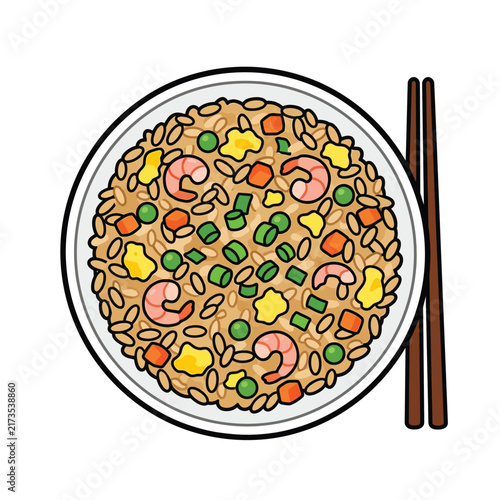 A top-down view of a delicious bowl of shrimp fried rice with chopsticks on the side, showcasing colorful ingredients.