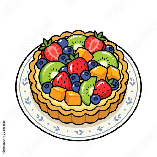 A delicious and colorful fruit tart filled with fresh strawberries, blueberries, kiwi slices, and diced mangoes, served on a decorative plate.