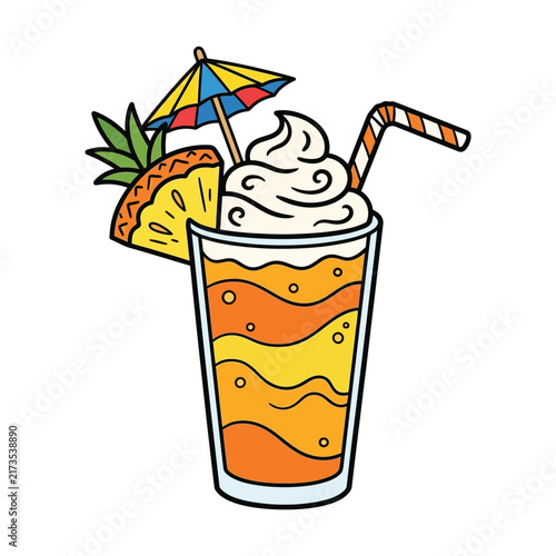 A colorful tropical drink with a pineapple slice, a small umbrella, and whipped cream, perfect for a summer day.