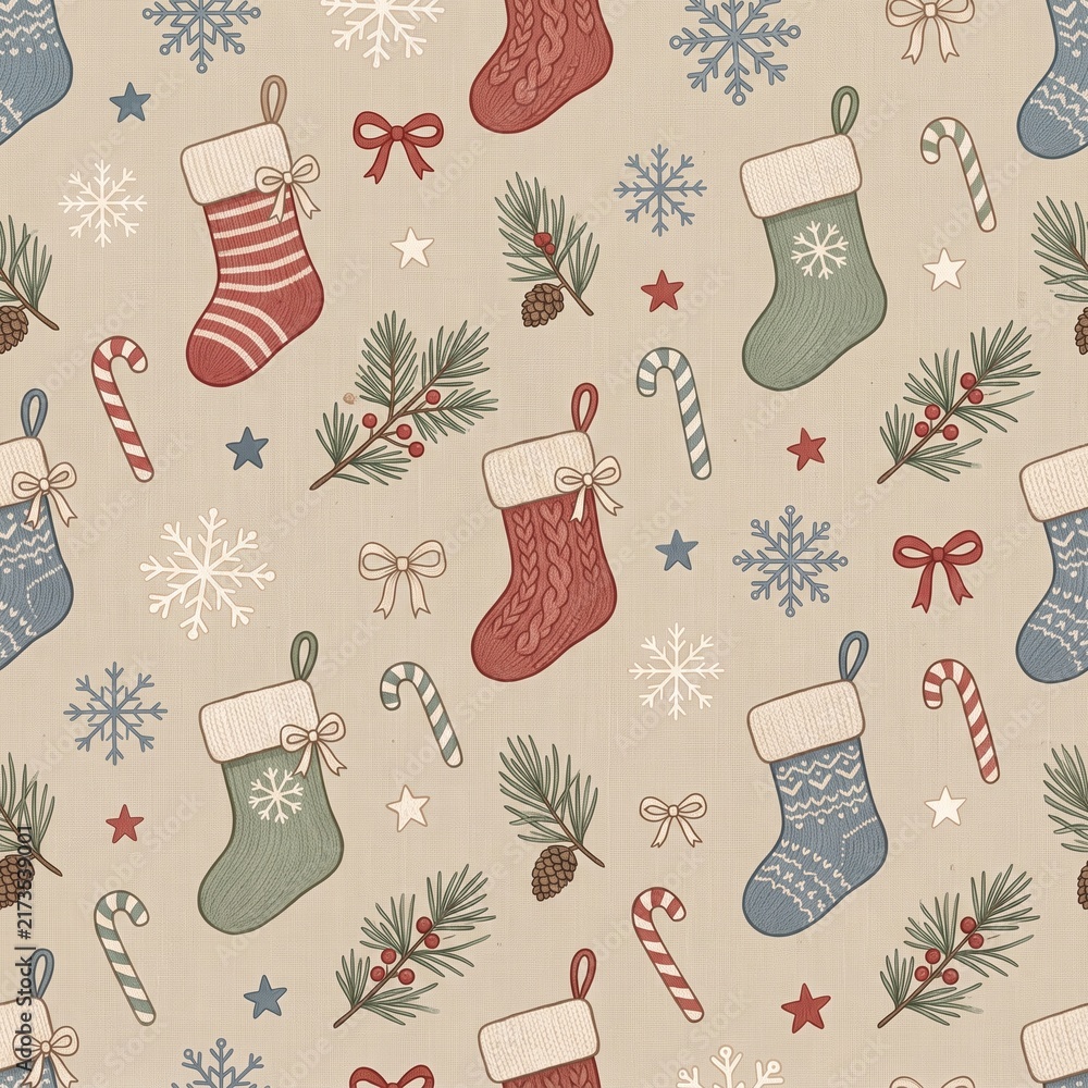 Winter holiday seamless knit pattern with festive red, green, and blue Christmas stockings and snowflakes on cream background
