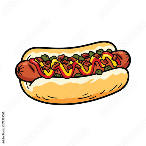 A delicious hot dog with mustard, ketchup, relish, and chopped onions in a bun.