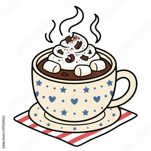 A steaming mug of hot chocolate topped with whipped cream, marshmallows, and chocolate shavings, served on a saucer with a striped napkin.