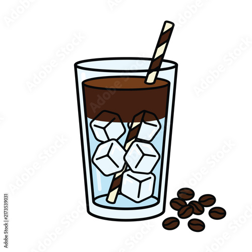 A tall glass of iced coffee with ice cubes and a straw, next to a small pile of coffee beans.