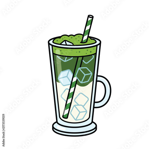 A tall glass filled with iced matcha latte, topped with foam and a green striped straw.