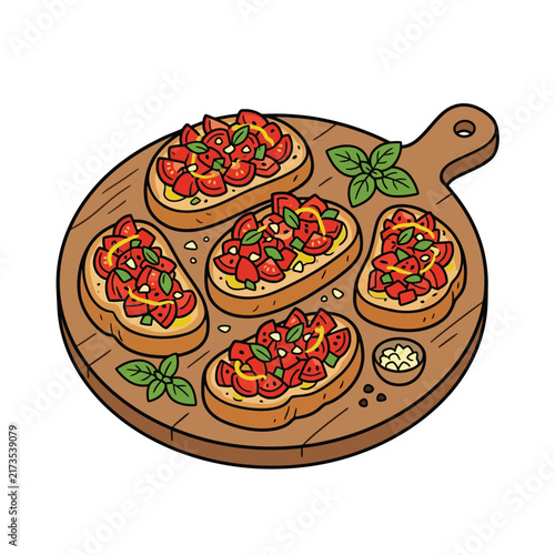 A wooden cutting board displaying five delicious bruschetta topped with fresh tomatoes and basil.