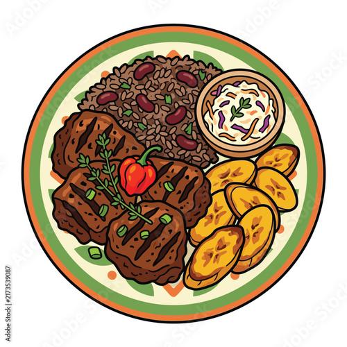 A delicious plate of Jamaican cuisine featuring grilled meat, rice and peas, fried plantains, and coleslaw.