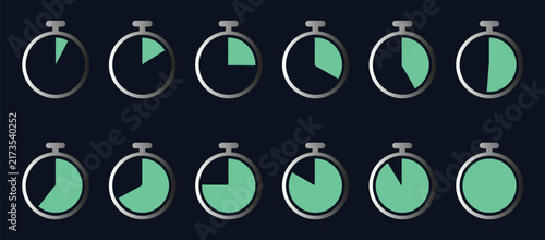 Fotografie Stopwatch timer icons collection showing various time intervals and progress lev