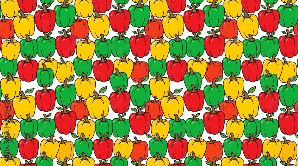 Colorful bell pepper pattern features repeating red yellow and green vegetables