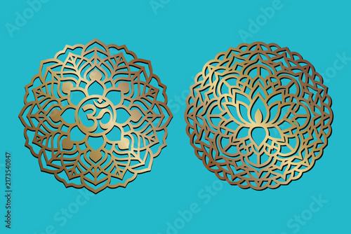 Laser cut mandala coaster template with lotus ornament round panel. Aum Decorative openwork pattern for cnc cutting, wood carving, paper art. Om Vector iimage for home decor, wall art, invitation card