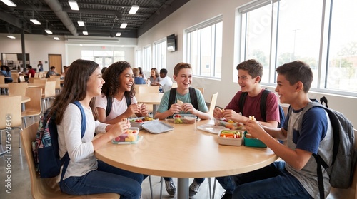Group Of Diverse Teenagers Smiling And Talking While Eating Lunch In Bright School Cafeteria