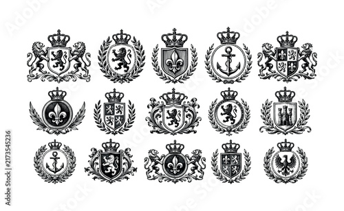 Collection of vintage heraldic crests and emblems with crowns and lions