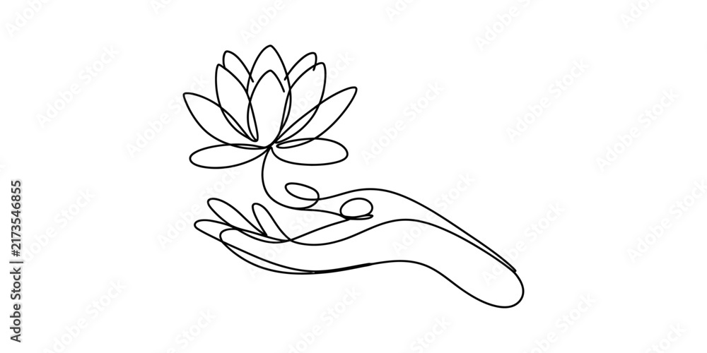 Obraz premium Continuous single line drawing of a human hand holding a lotus flower isolated on a white background for wellness and yoga design Vector, illustration