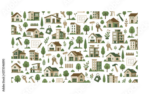 Seamless pattern of houses, keys, and construction tools for real estate themes
